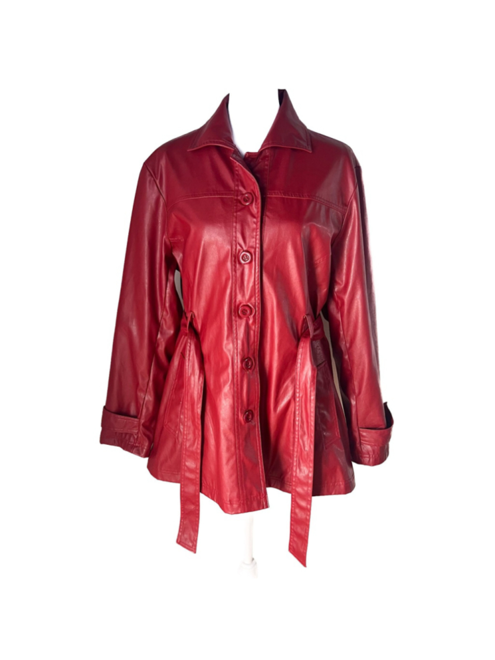 Vintage Learsi Jacket Womens Red Faux Leather Belted Retro Sz M Y2K 90s longline - Picture 12 of 15